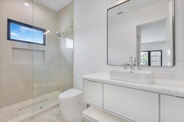 Bathroom, Glass Shower, Interior, Marble, Recessed Lighting