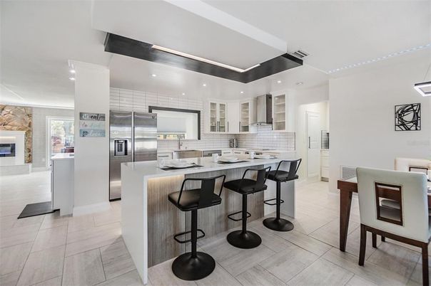 Fireplace, Interior, Kitchen, Recessed Lighting, Stainless Steel Appliances