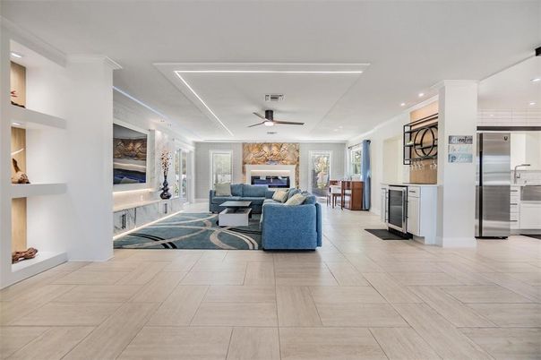 Fireplace, Interior, Kitchen, Living room, Recessed Lighting