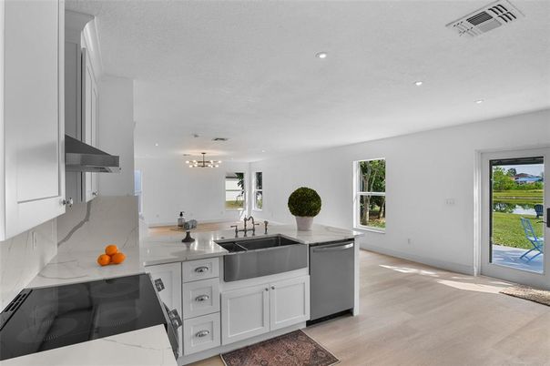 Interior, Kitchen, Pendant Lights, Recessed Lighting, Wood Texture Flooring