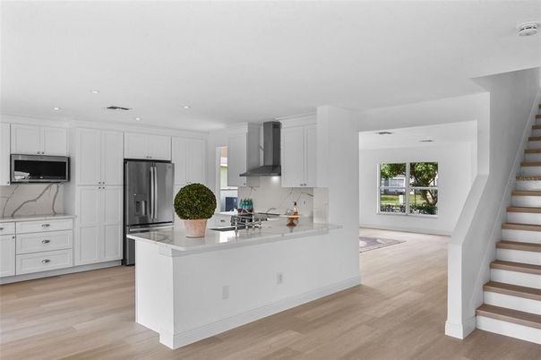 Interior, Kitchen, Recessed Lighting, Stainless Steel Appliances, Wood Texture Flooring