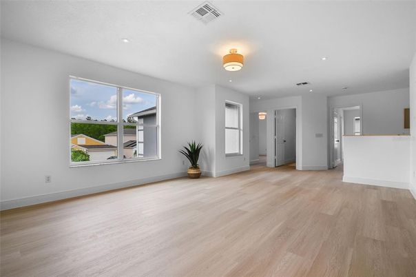Empty room, Interior, Recessed Lighting, Wood Texture Flooring