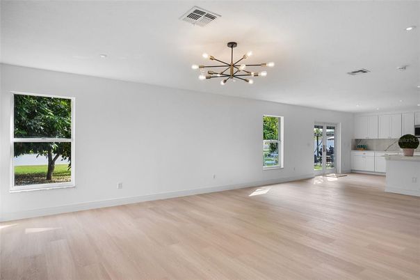 Empty room, Interior, Kitchen, Pendant Lights, Recessed Lighting, Wood Texture Flooring