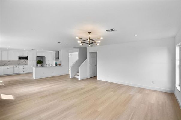 Empty room, Interior, Kitchen, Pendant Lights, Recessed Lighting, Wood Texture Flooring