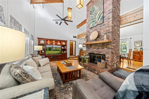 Fireplace, Interior, Living room, Pendant Lights, Stone Walls, Wooden Beams, Wood Texture Flooring