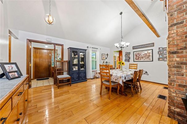 Chandelier, Dining room, Interior, Pendant Lights, Stone Walls, Wooden Beams, Wood Texture Flooring
