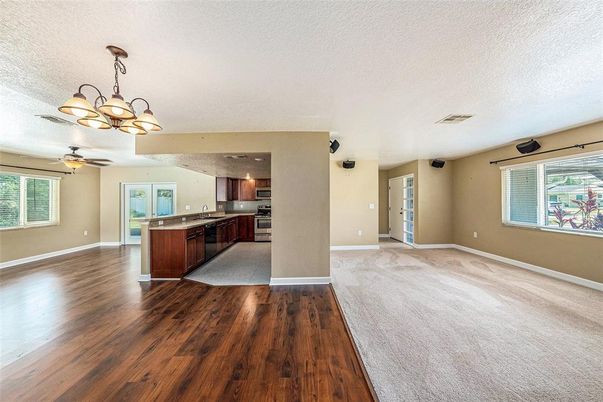 Chandelier, Empty room, Interior, Kitchen, Wood Texture Flooring