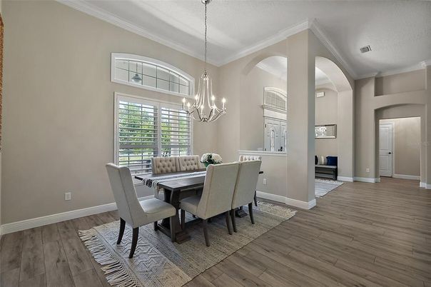 Chandelier, Dining room, Interior, Pendant Lights, Wood Texture Flooring