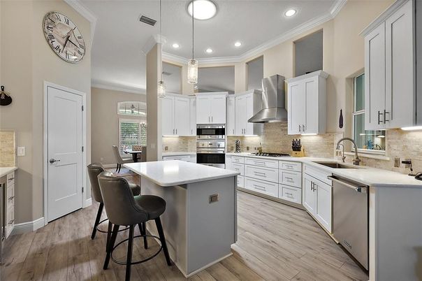 Interior, Kitchen, Pendant Lights, Recessed Lighting, Stainless Steel Appliances, Wood Texture Flooring
