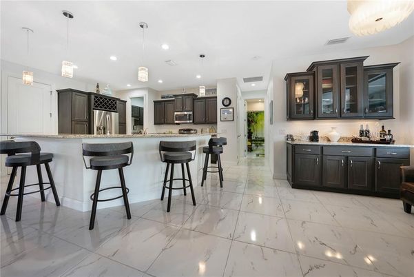 Interior, Kitchen, Marble, Pendant Lights, Recessed Lighting, Stainless Steel Appliances