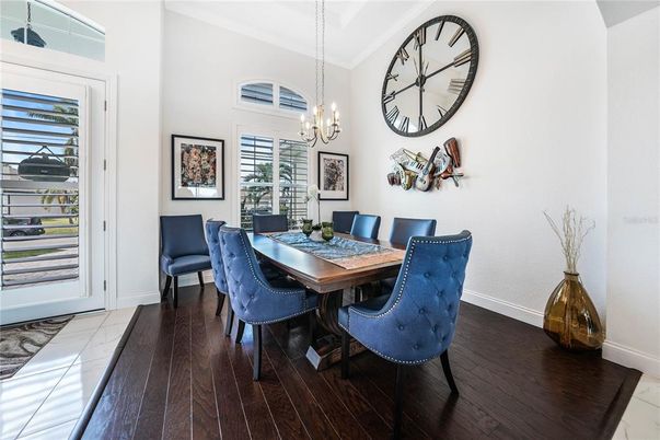 Chandelier, Dining room, Interior, Wood Texture Flooring
