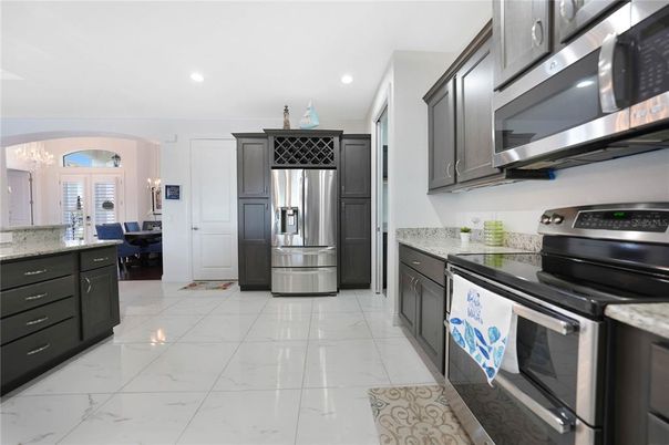 Interior, Kitchen, Marble, Recessed Lighting, Stainless Steel Appliances