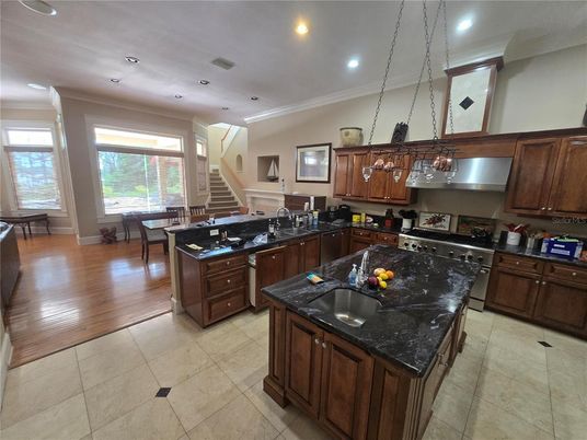 Dining room, Interior, Kitchen, Pendant Lights, Recessed Lighting, Stainless Steel Appliances, Wood Texture Flooring
