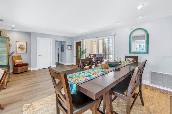 Dining room, Interior, Recessed Lighting, Wood Texture Flooring