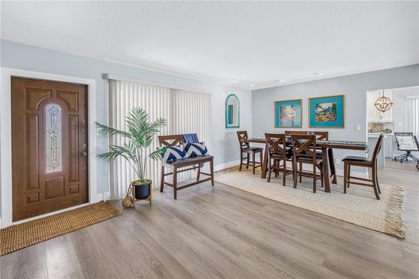 Dining room, Interior, Recessed Lighting, Wood Texture Flooring