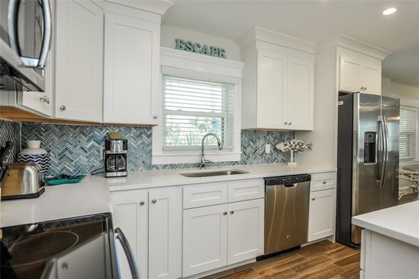 Interior, Kitchen, Recessed Lighting, Stainless Steel Appliances, Wood Texture Flooring