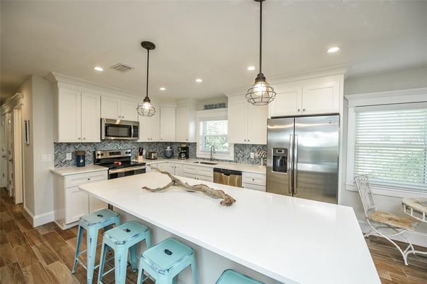 Interior, Kitchen, Pendant Lights, Recessed Lighting, Stainless Steel Appliances, Wood Texture Flooring