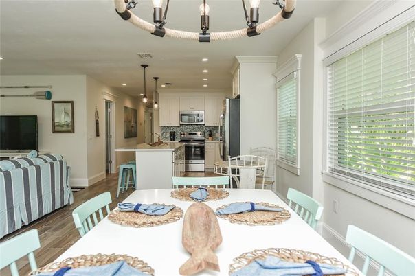 Dining room, Interior, Kitchen, Pendant Lights, Recessed Lighting, Stainless Steel Appliances, Wood Texture Flooring