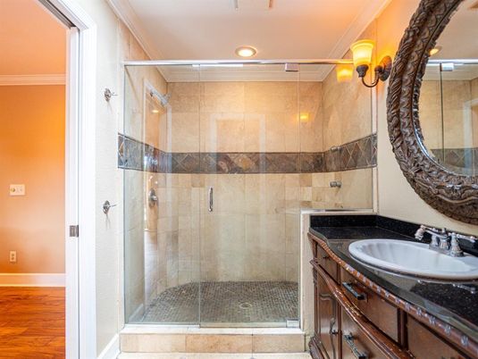 Bathroom, Glass Shower, Interior, Recessed Lighting, Wood Texture Flooring