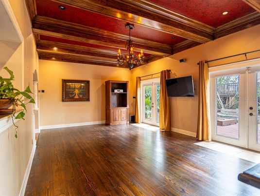 Chandelier, Empty room, Interior, Recessed Lighting, Wooden Beams, Wooden Ceilings, Wood Texture Flooring