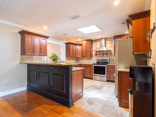 Interior, Kitchen, Recessed Lighting, Stainless Steel Appliances, Wood Texture Flooring