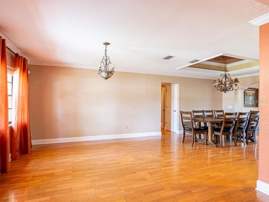 Chandelier, Dining room, Interior, Pendant Lights, Wood Texture Flooring