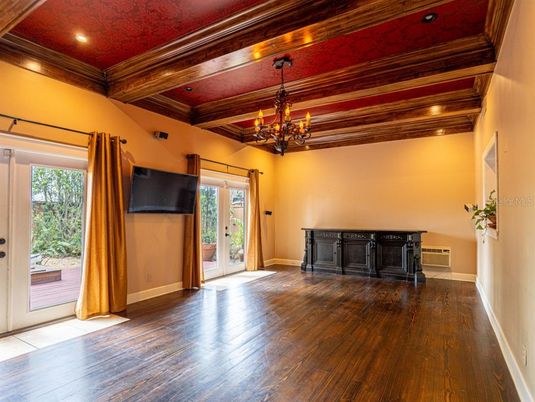 Chandelier, Interior, Recessed Lighting, Wooden Beams, Wooden Ceilings, Wood Texture Flooring