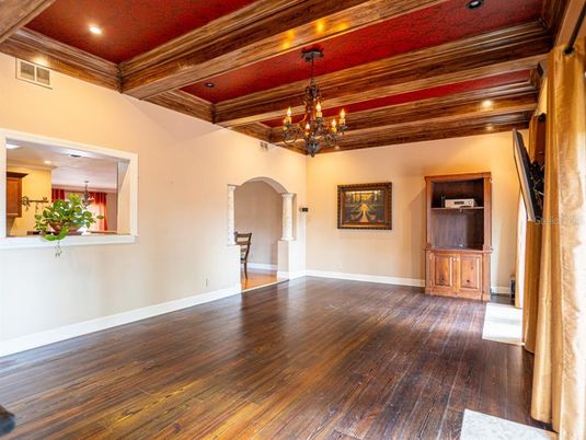 Chandelier, Empty room, Interior, Recessed Lighting, Wooden Beams, Wooden Ceilings, Wood Texture Flooring
