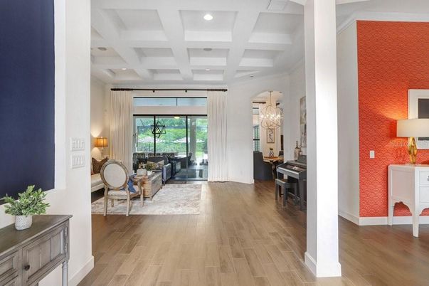 Chandelier, Interior, Piano, Recessed Lighting, Wood Texture Flooring