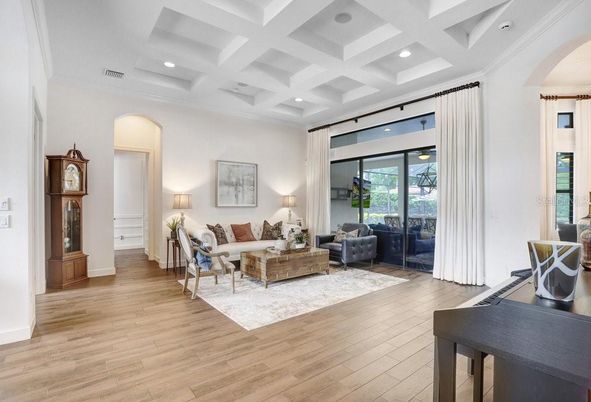 Interior, Living room, Recessed Lighting, Wood Texture Flooring