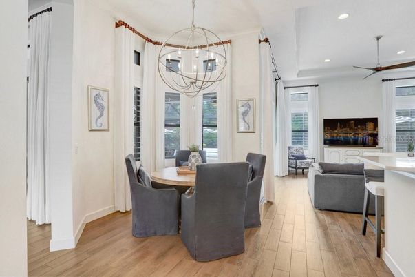Dining room, Interior, Living room, Pendant Lights, Recessed Lighting, Wood Texture Flooring