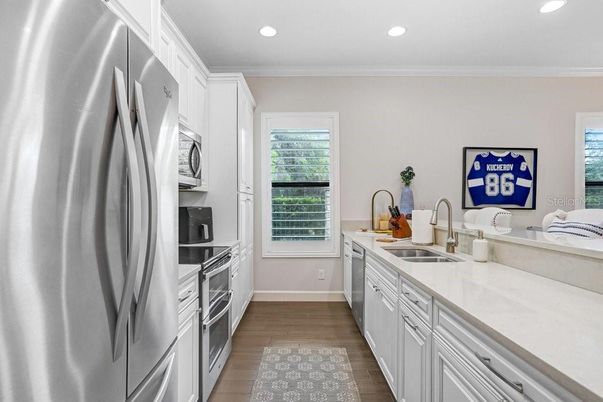 Interior, Kitchen, Recessed Lighting, Stainless Steel Appliances, Wood Texture Flooring