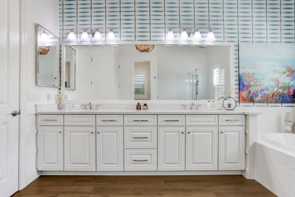 Bathroom, Dual Sink Vanities, Interior, Pendant Lights, Wood Texture Flooring