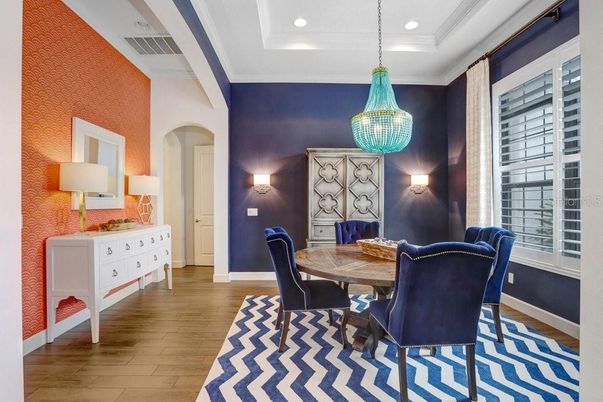 Dining room, Interior, Pendant Lights, Recessed Lighting, Wood Texture Flooring