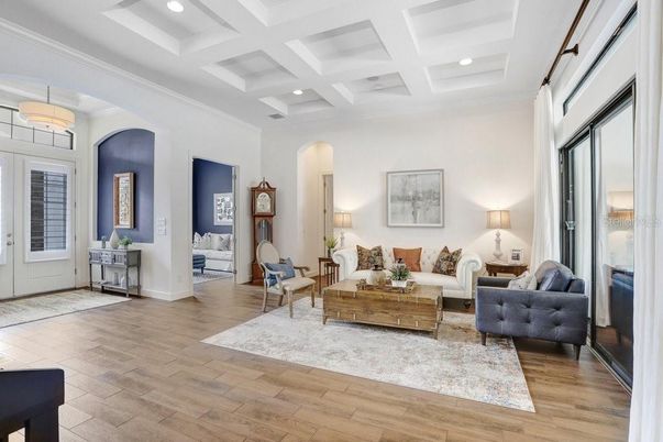 Interior, Living room, Pendant Lights, Recessed Lighting, Wood Texture Flooring
