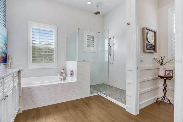 Bathroom, Glass Shower, Interior, Recessed Lighting, Wood Texture Flooring