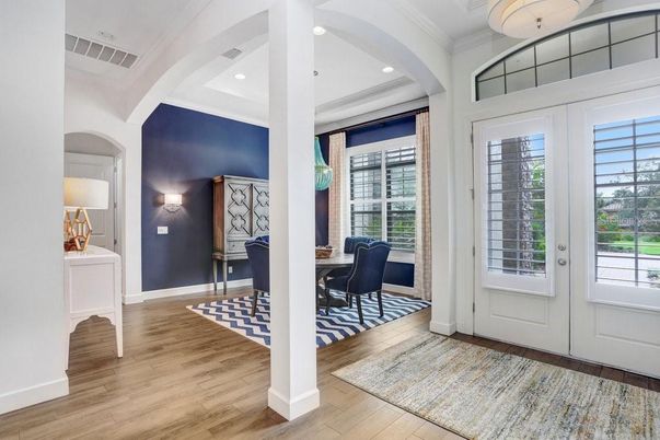 Dining room, Interior, Recessed Lighting, Wood Texture Flooring