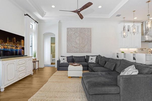 Interior, Living room, Pendant Lights, Recessed Lighting, Wood Texture Flooring
