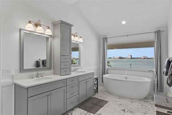 Bathroom, Dual Sink Vanities, Free Standing Baths, Interior, Marble, Recessed Lighting