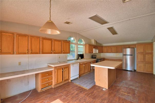 Interior, Kitchen, Pendant Lights, Stainless Steel Appliances, Wood Texture Flooring