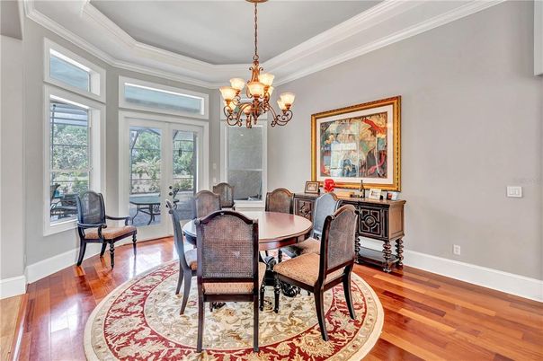 Chandelier, Dining room, Interior, Wood Texture Flooring