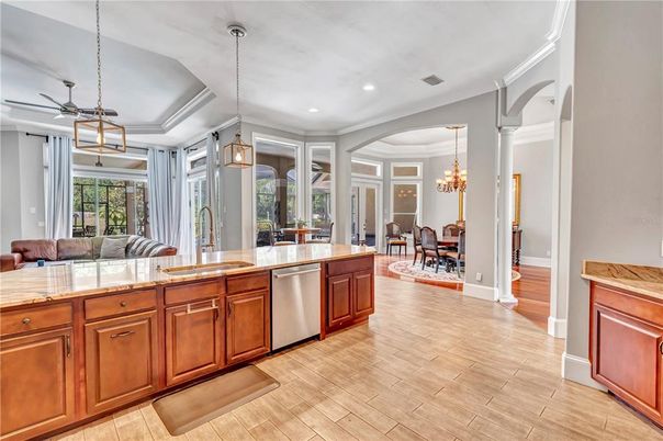 Chandelier, Dining room, Interior, Kitchen, Pendant Lights, Recessed Lighting, Wood Texture Flooring