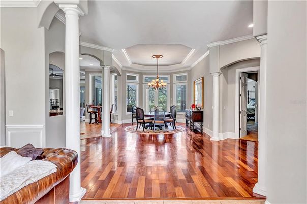 Chandelier, Dining room, Interior, Recessed Lighting, Wood Texture Flooring