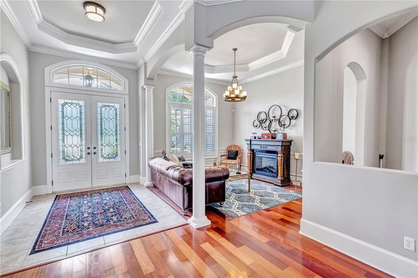 Fireplace, Interior, Pendant Lights, Wood Texture Flooring