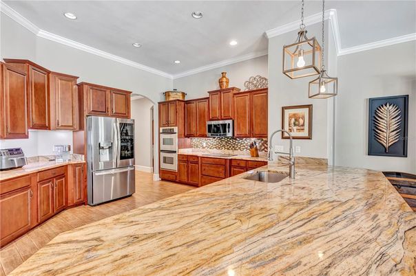 Interior, Kitchen, Pendant Lights, Recessed Lighting, Stainless Steel Appliances, Wood Texture Flooring