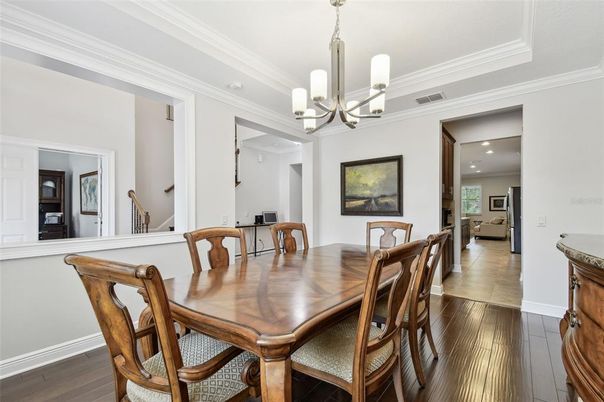 Chandelier, Dining room, Interior, Recessed Lighting, Wood Texture Flooring