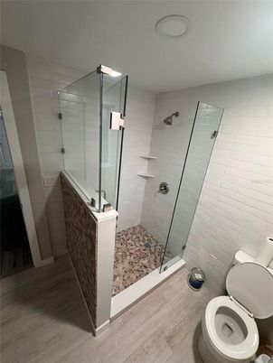 Bathroom, Glass Shower, Interior, Wood Texture Flooring