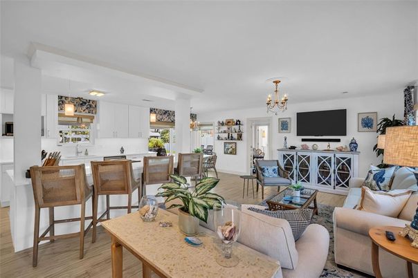 Chandelier, Dining room, Interior, Kitchen, Living room, Pendant Lights, Wood Texture Flooring