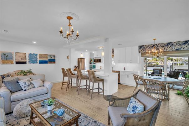 Chandelier, Dining room, Interior, Kitchen, Living room, Recessed Lighting, Wood Texture Flooring