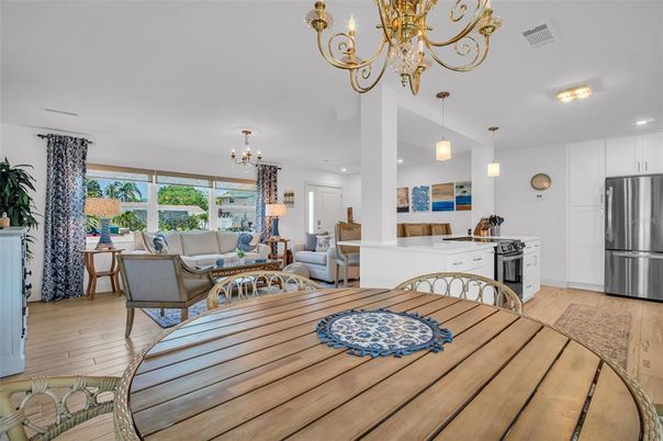 Chandelier, Dining room, Interior, Kitchen, Living room, Pendant Lights, Recessed Lighting, Stainless Steel Appliances, Wood Texture Flooring